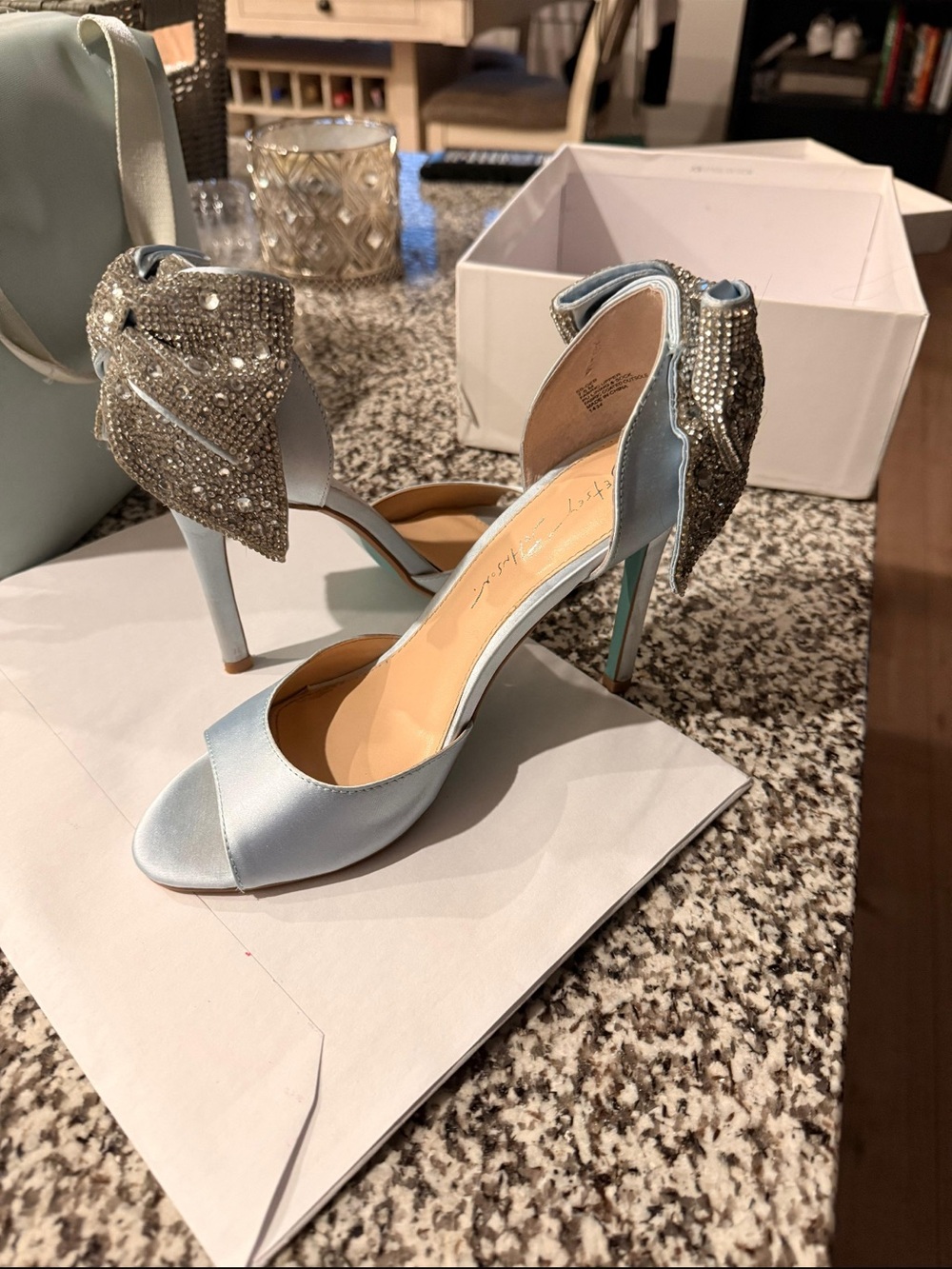 Elegant Satin Light Blue  Heels with Crystal Bow
